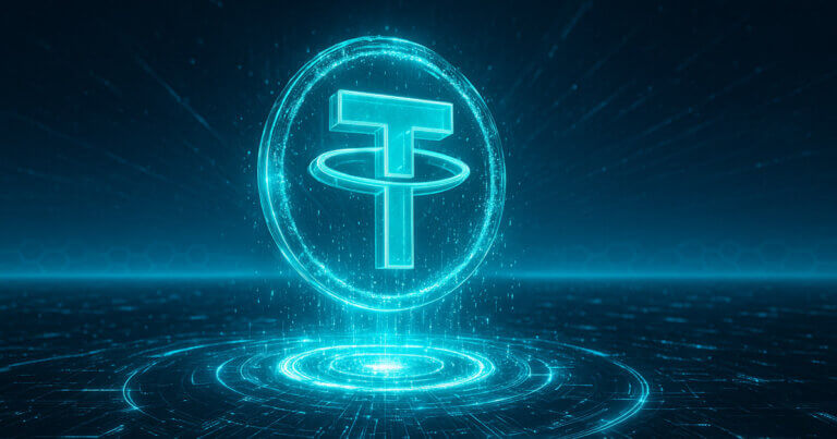 A glowing Tether (USDT) symbol is depicted in digital holographic form, highlighting its transition away from legacy networks now deemed unsupported - Cover art/illustration via CryptoSlate. Image includes combined content which may include AI-generated content