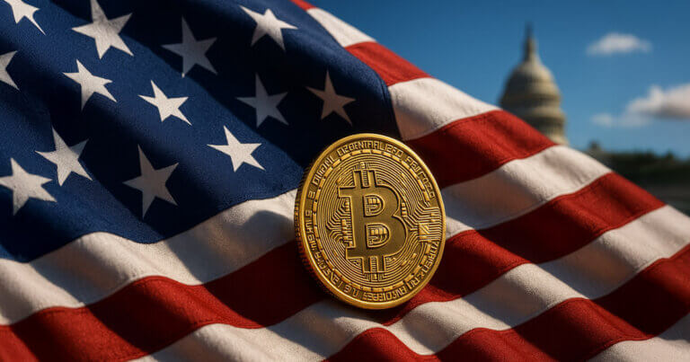 A Bitcoin coin is placed against the backdrop of the U.S. flag and Capitol building, symbolizing crypto firms targeting IPO valuations - Cover art/illustration via CryptoSlate.