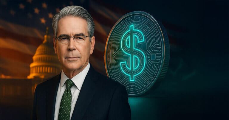 Treasury Secretary Bessent in front of the U.S. Capitol with a glowing stablecoin symbol, highlighting his stablecoin push - Cover art/illustration via CryptoSlate. Image includes combined content which may include AI-generated content