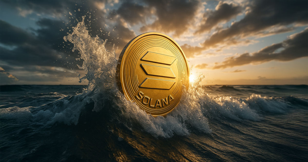 A large Solana coin rises from ocean waves at sunset, symbolizing expectations of new highs driven by institutional adoption - Cover art/illustration via CryptoSlate. Image includes combined content which may include AI-generated content