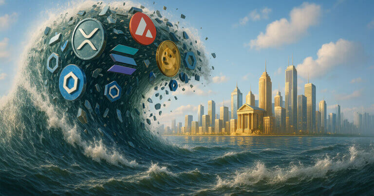 A massive wave of altcoin logos, including XRP, Solana, Chainlink, Avalanche, and Dogecoin, approaches a city skyline with financial buildings - Cover art/illustration via CryptoSlate.
