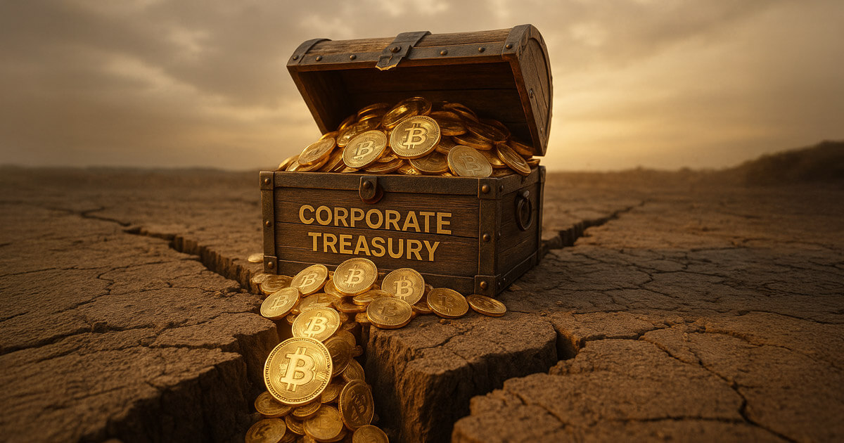 A treasure chest labeled “Corporate Treasury” overflows with Bitcoin coins, symbolizing companies increasingly holding BTC as part of their balance sheets - Cover art/illustration via CryptoSlate. Image includes combined content which may include AI-generated content
