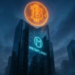 A glowing Bitcoin symbol hovers above a Metaplanet skyscraper, representing the firm’s milestone of 20,000 BTC holdings - Cover art/illustration via CryptoSlate.