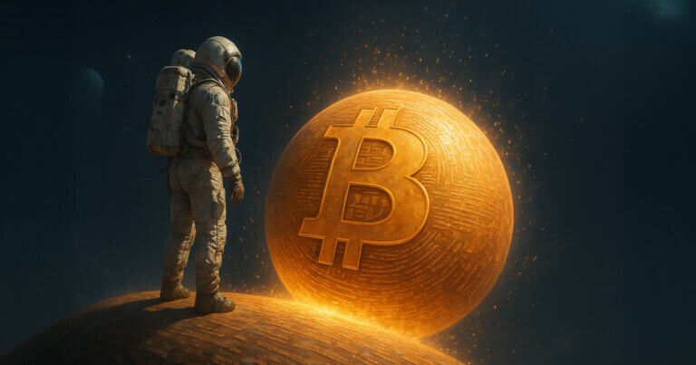 An astronaut stands on a barren world gazing at a glowing golden sphere emblazoned with the Bitcoin symbol, evoking the idea of crypto as a cosmic frontier - Cover art/illustration via CryptoSlate. Image includes combined content which may include AI-generated content.