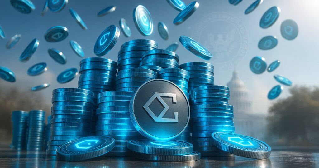 Stacks of digital coins with the Ethena logo are depicted against the backdrop of the U.S. Capitol building - Cover art/illustration via CryptoSlate.