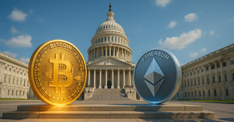 A large Bitcoin and Ethereum coin are displayed in front of the U.S. Capitol, symbolizing political debate over crypto market regulation - Cover art/illustration via CryptoSlate.