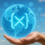 A glowing XRP symbol is displayed within a digital globe held in a hand, symbolizing Ripple’s global institutional roadmap for XRPL innovations - Cover art/illustration via CryptoSlate. Article's Title: Ripple unveils institutional-focused roadmap for XRPL with native lending protocol and ZKP features