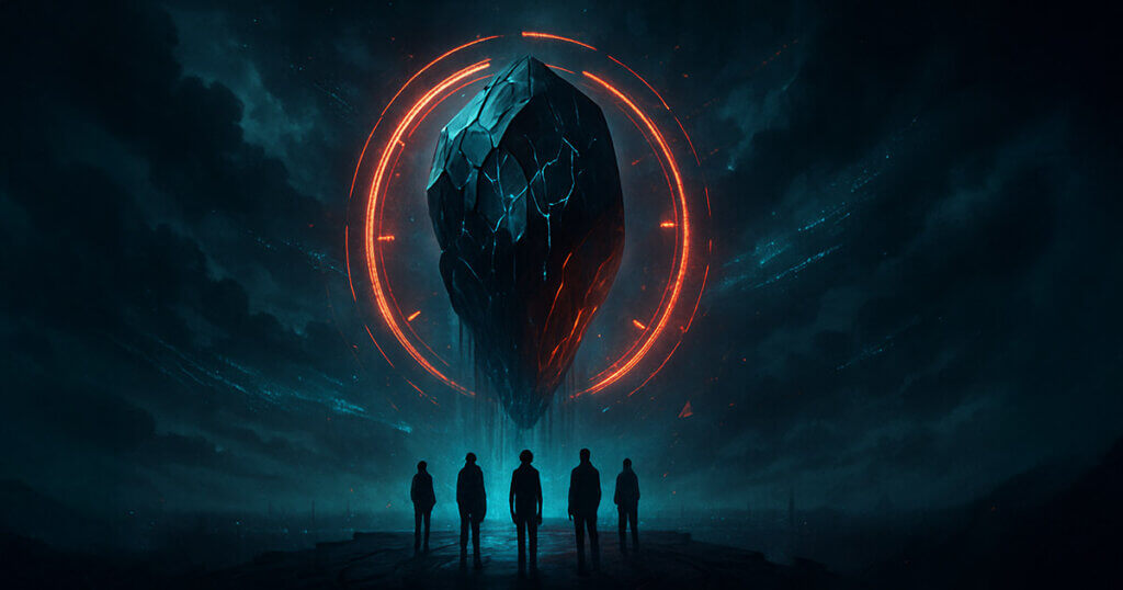 Four silhouetted figures stand on a cracked platform under stormy skies, gazing up at a massive hovering monolith with glowing cyan circuitry encircled by a fiery red countdown ring.