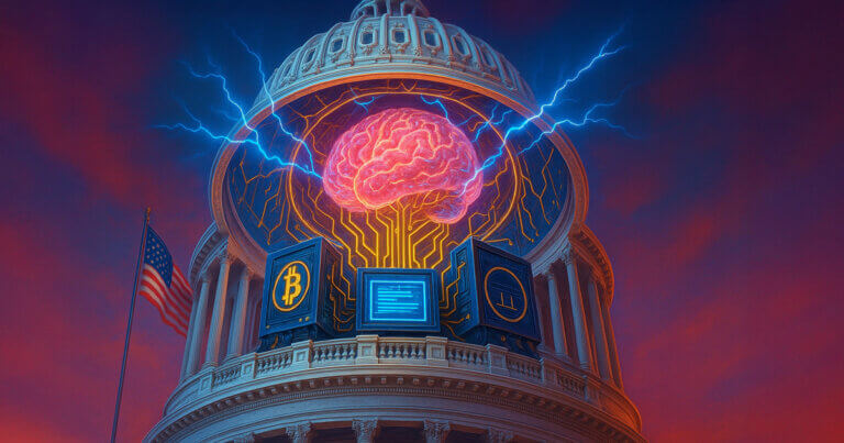 A glowing brain is depicted inside the U.S. Capitol dome, symbolizing the fusion of AI, crypto, and politics with lightning connections and blockchain icons - Cover art/illustration via CryptoSlate. Image includes combined content which may include AI-generated content