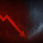 An abstract red-and-black scene of a sharp downward stock chart arrow colliding with fading circuit patterns in a cold mist, symbolizing tech market pressure and cooling AI growth.