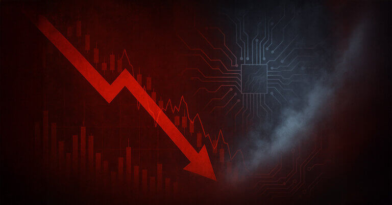 An abstract red-and-black scene of a sharp downward stock chart arrow colliding with fading circuit patterns in a cold mist, symbolizing tech market pressure and cooling AI growth.