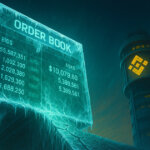 A frozen Binance order book screen looms beside a glowing control tower as billions in trades remain halted - Cover art/illustration via CryptoSlate. Image includes combined content which may include AI-generated content