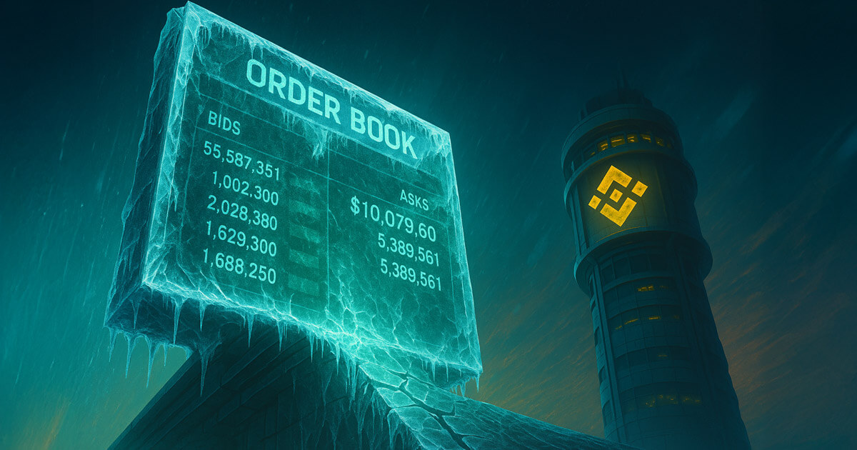 A frozen Binance order book screen looms beside a glowing control tower as billions in trades remain halted - Cover art/illustration via CryptoSlate. Image includes combined content which may include AI-generated content