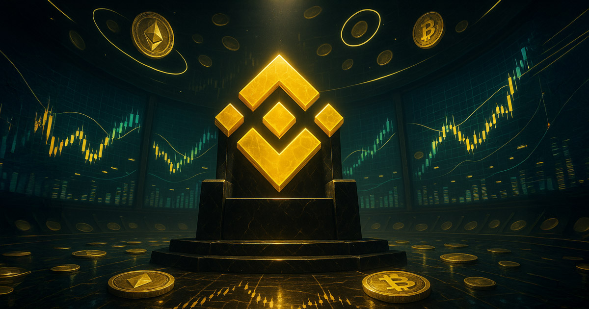 A large golden Binance logo is displayed on a throne-like pedestal, surrounded by Bitcoin and Ethereum symbols with market charts in the background - Cover art/illustration via CryptoSlate. Image includes combined content which may include AI-generated content