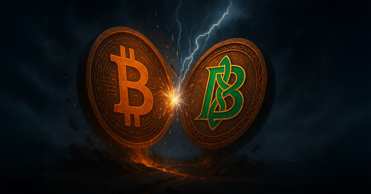 Two massive coins collide in a storm, one glowing orange with the Bitcoin logo and the other bearing a green Celtic-styled "B," as sparks and lightning explode from their clash.