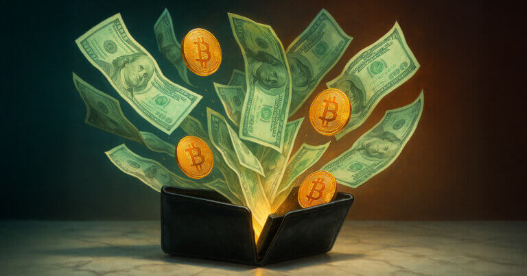 a wallet bursting with U.S. dollar bills and Bitcoin coins, symbolizing realized profits - Cover art/illustration via CryptoSlate. Image includes combined content which may include AI-generated contenta wallet bursting with U.S. dollar bills and Bitcoin coins, symbolizing realized profits - Cover art/illustration via CryptoSlate. Image includes combined content which may include AI-generated content
