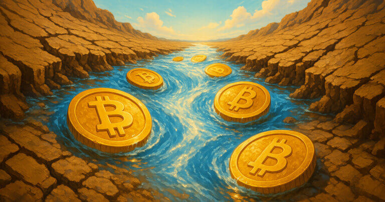 Bitcoin coins are illustrated as flowing through a riverbed surrounded by dry cracked earth, symbolizing renewed inflows after a streak of outflows - Cover art/illustration via CryptoSlate. Image includes combined content which may include AI-generated content