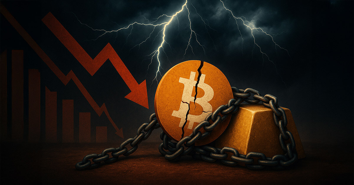 A cracked Bitcoin coin and gold bar wrapped in heavy chains beneath a stormy, lightning-lit sky.