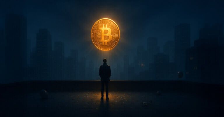A lone figure stands on a rooftop at night, gazing at a glowing golden Bitcoin suspended in the sky above a silent, shadowy city.