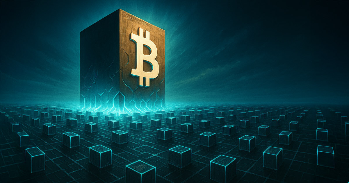 A large glowing Bitcoin block stands at the center of interconnected cubes, symbolizing blockchain activity and daily transaction flows - Cover art/illustration via CryptoSlate. Image includes combined content which may include AI-generated content