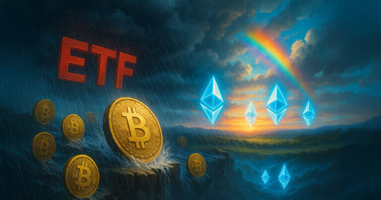 Bitcoin coins appear under storm clouds beside the word "ETF," while glowing Ethereum symbols rise beneath a rainbow on the horizon - Cover art/illustration via CryptoSlate. Image includes combined content which may include AI-generated content