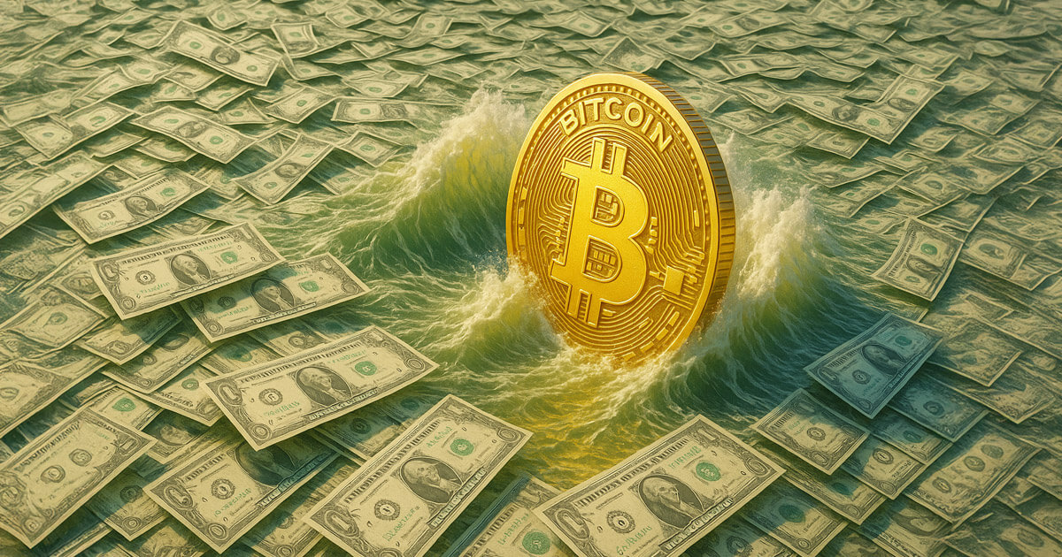 A large Bitcoin coin emerges from waves of US dollar bills, symbolizing profit and market dominance - Cover art/illustration via CryptoSlate. Image includes combined content which may include AI-generated content