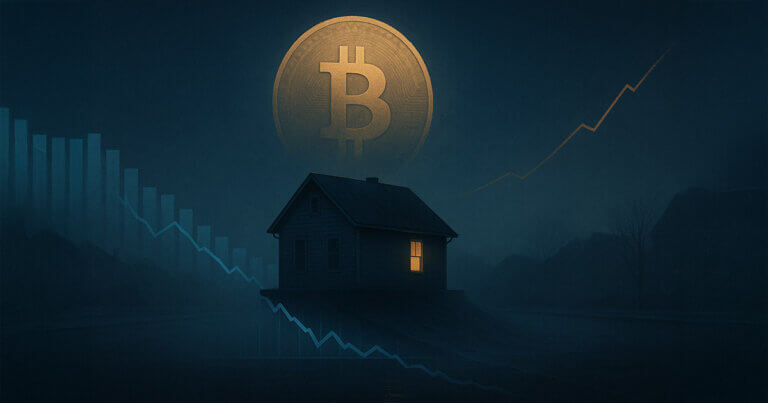 A glowing Bitcoin looms over a house as financial charts highlight real estate’s declining value when measured in BTC - Cover art/illustration via CryptoSlate. Image includes combined content which may include AI-generated content