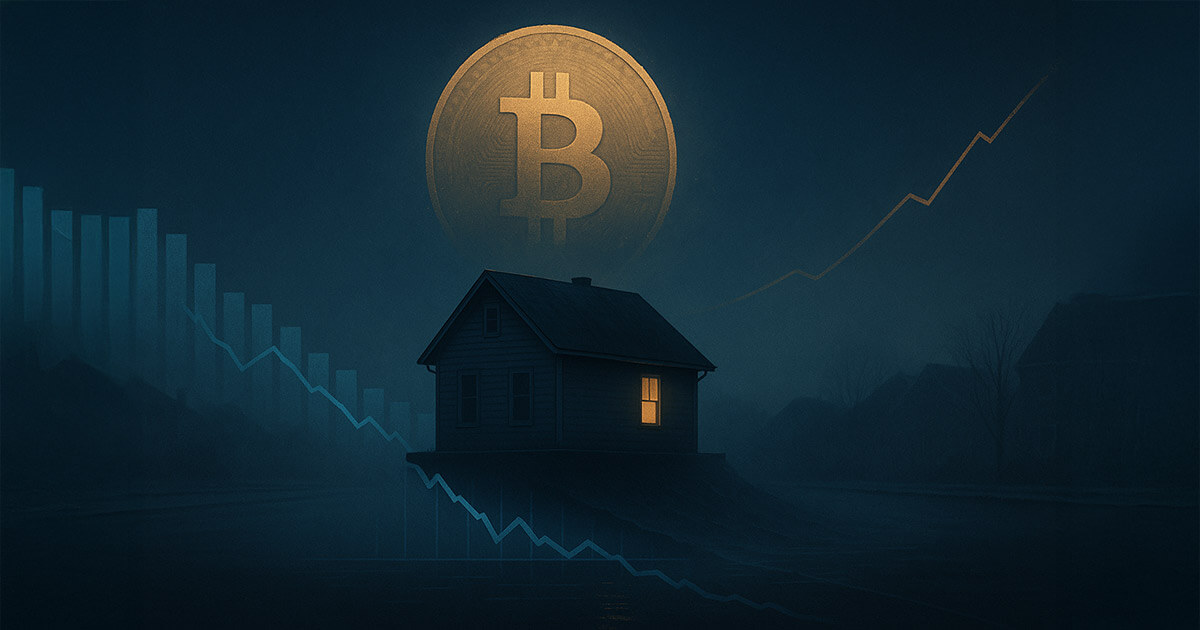 A glowing Bitcoin looms over a house as financial charts highlight real estate’s declining value when measured in BTC - Cover art/illustration via CryptoSlate. Image includes combined content which may include AI-generated content