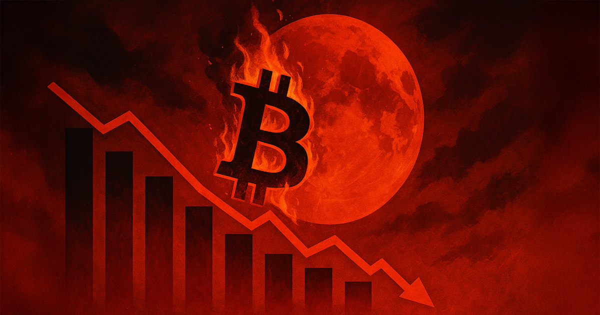 A burning Bitcoin symbol falls alongside a crashing red bar chart under a fiery blood moon in a stormy sky.