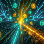 Electric currents split across digital rails as Bitcoin and dollar symbols surge forward, illustrating stablecoins and Lightning as new AI payment infrastructure - Cover art/illustration via CryptoSlate. Image includes combined content which may include AI-generated content