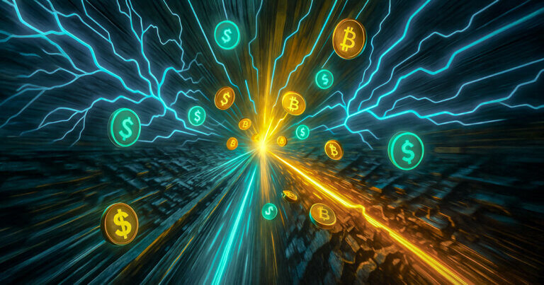Electric currents split across digital rails as Bitcoin and dollar symbols surge forward, illustrating stablecoins and Lightning as new AI payment infrastructure - Cover art/illustration via CryptoSlate. Image includes combined content which may include AI-generated content