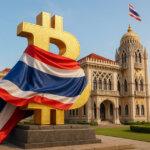A golden Bitcoin statue draped with Thailand’s national flag stands before the Government House in Bangkok - Cover art/illustration via CryptoSlate. Image includes combined content which may include AI-generated content