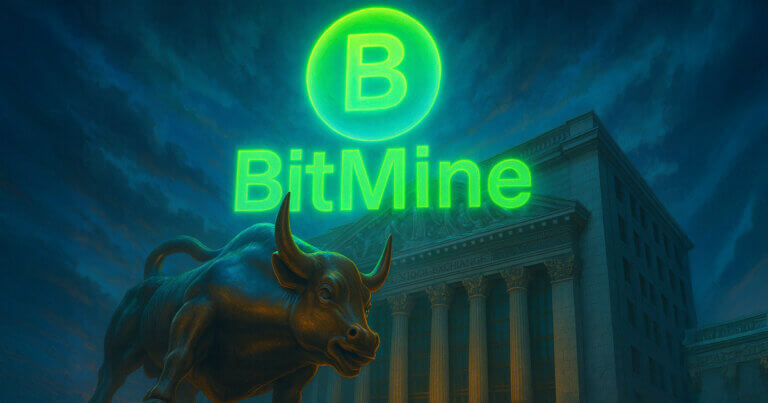 A glowing green BitMine logo appears above Wall Street’s charging bull, symbolizing the company’s surge into the top 20 trading volumes - Cover art/illustration via CryptoSlate. Image includes combined content which may include AI-generated content