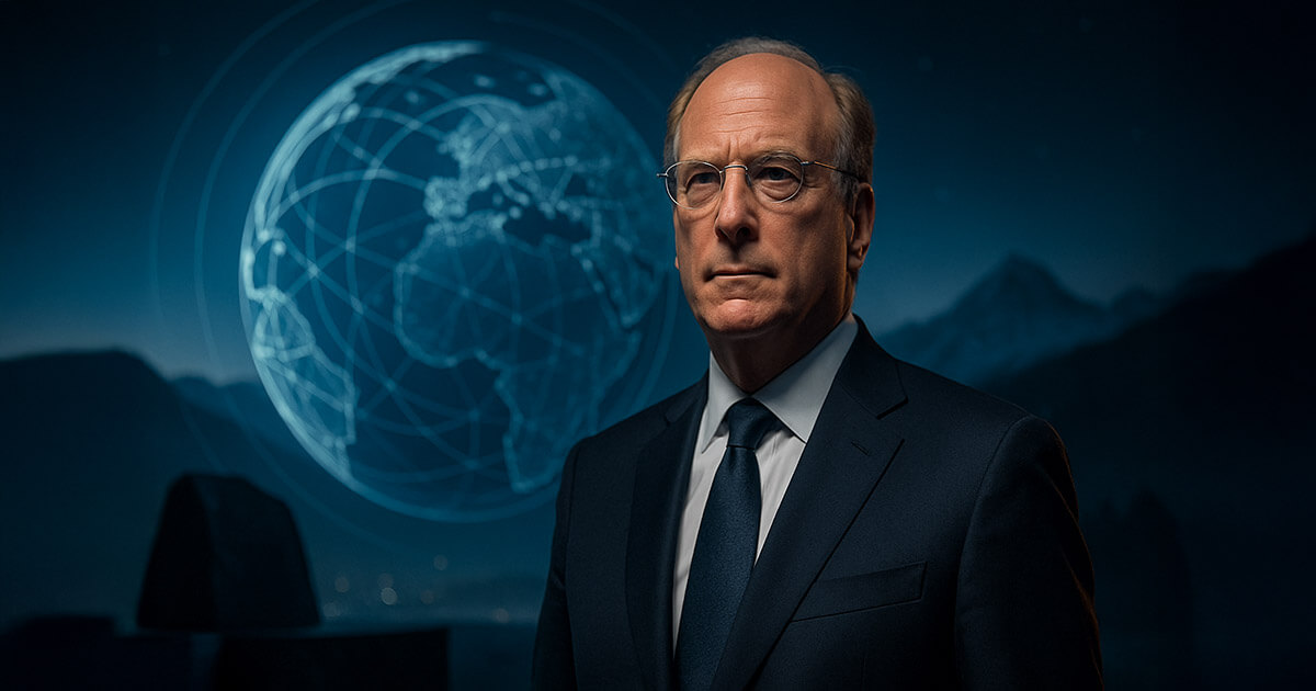 A stern, silver-haired executive in a dark suit stands centered before a moody night-blue backdrop featuring a luminous wireframe globe and distant mountains, evoking global financial leadership.