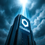 A tall skyscraper displays the Chainlink logo illuminated against stormy skies, symbolizing its positioning as a potential treasury reserve - Cover art/illustration via CryptoSlate. Image includes combined content which may include AI-generated content