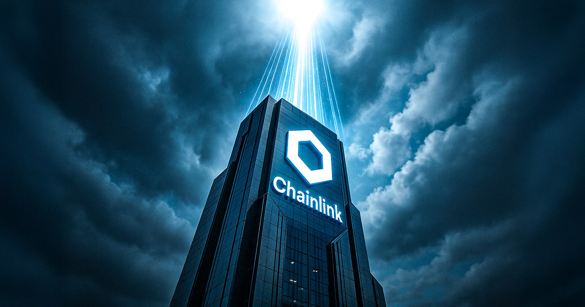 A tall skyscraper displays the Chainlink logo illuminated against stormy skies, symbolizing its positioning as a potential treasury reserve - Cover art/illustration via CryptoSlate. Image includes combined content which may include AI-generated content