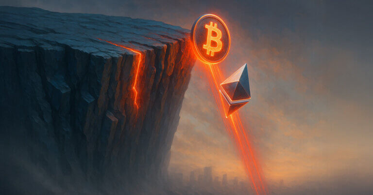 A glowing Bitcoin and Ethereum symbol plunge off a fiery cliff, symbolizing a steep market decline - Cover art/illustration via CryptoSlate. Image includes combined content which may include AI-generated content
