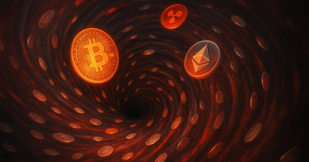 Bitcoin, Ethereum, and XRP are shown spiraling into a vortex, symbolizing major fund outflows from crypto investment products - Cover art/illustration via CryptoSlate. Image includes combined content which may include AI-generated content