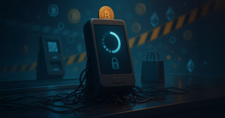 Bitcoin coin inserted into a payment terminal, symbolizing crypto transactions still constrained by limited adoption and usability - Cover art/illustration via CryptoSlate. Image includes combined content which may include AI-generated content