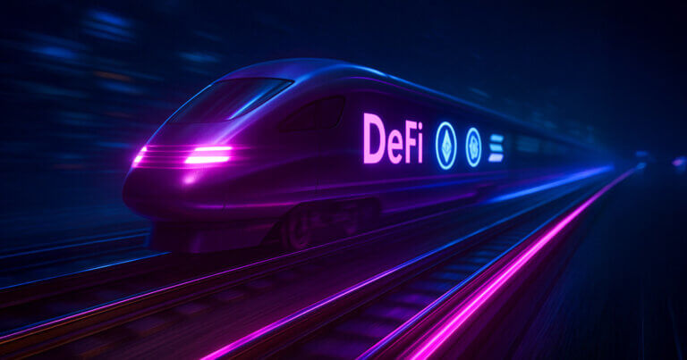 A glowing high-speed train labeled "DeFi" with Ethereum, stablecoin, and Solana symbols represents decentralized finance payment rails - Cover art/illustration via CryptoSlate. Image includes combined content which may include AI-generated content