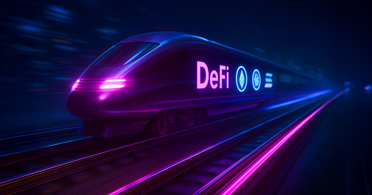 A glowing high-speed train labeled "DeFi" with Ethereum, stablecoin, and Solana symbols represents decentralized finance payment rails - Cover art/illustration via CryptoSlate. Image includes combined content which may include AI-generated content