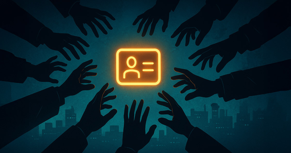 A glowing digital ID card is surrounded by reaching hands, symbolizing the privacy and security concerns of identity systems - Cover art/illustration via CryptoSlate. Image includes combined content which may include AI-generated content