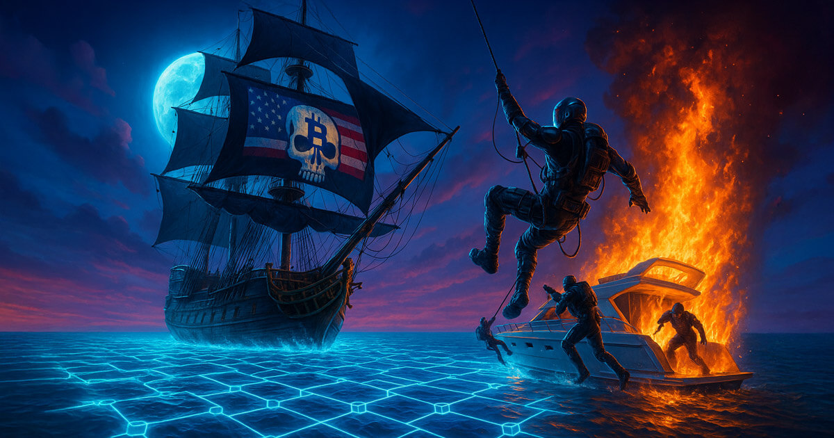 Navy commandos board a burning yacht as a ship with a Bitcoin skull flag sails under the moonlit sky - Cover art/illustration via CryptoSlate. Image includes combined content which may include AI-generated content