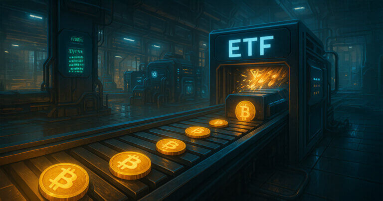 A conveyor belt of mined Bitcoin slows as ETFs rapidly scoop up tokens in a digital asset factory - Cover art/illustration via CryptoSlate. Image includes combined content which may include AI-generated content