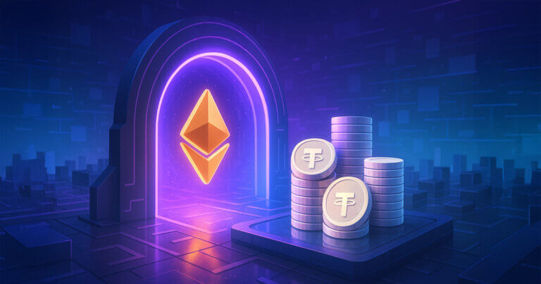 An Ethereum token passes through a DeFi portal and transforms into stacked stablecoins within a blockchain liquidity hub - Cover art/illustration via CryptoSlate. Image includes combined content which may include AI-generated content