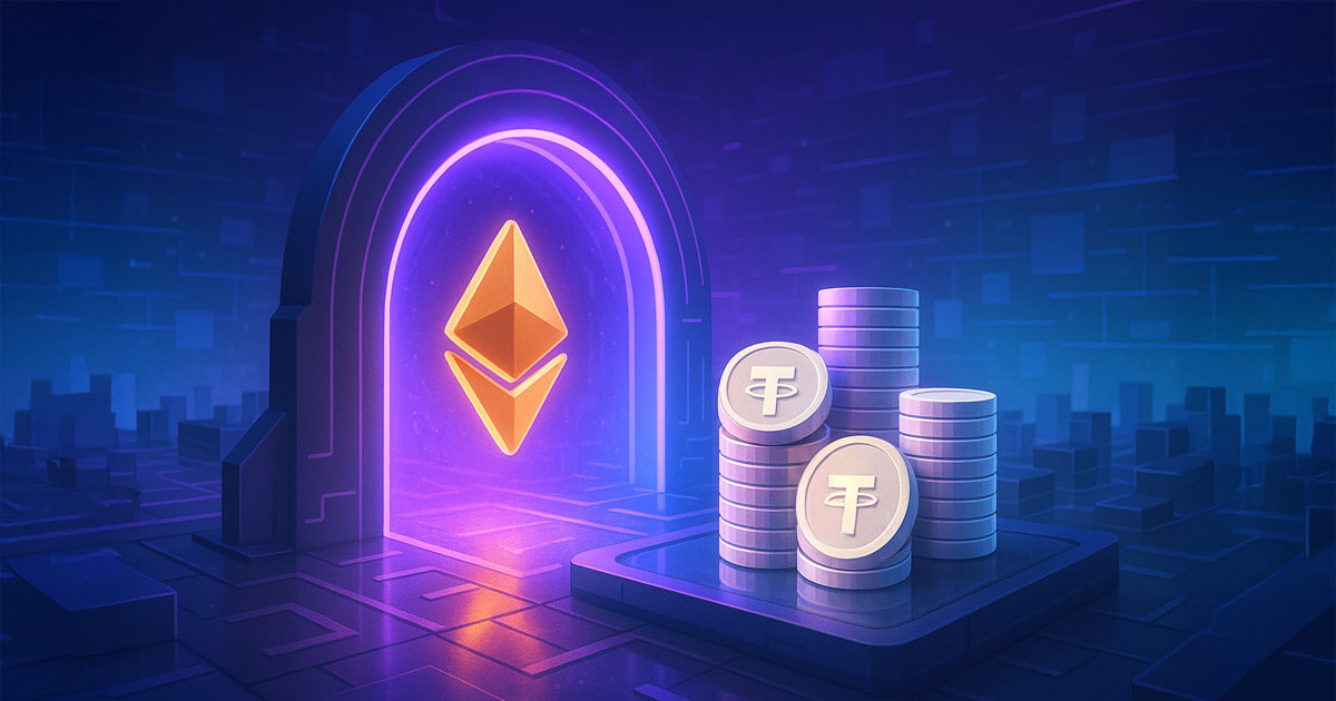 An Ethereum token passes through a DeFi portal and transforms into stacked stablecoins within a blockchain liquidity hub - Cover art/illustration via CryptoSlate. Image includes combined content which may include AI-generated content