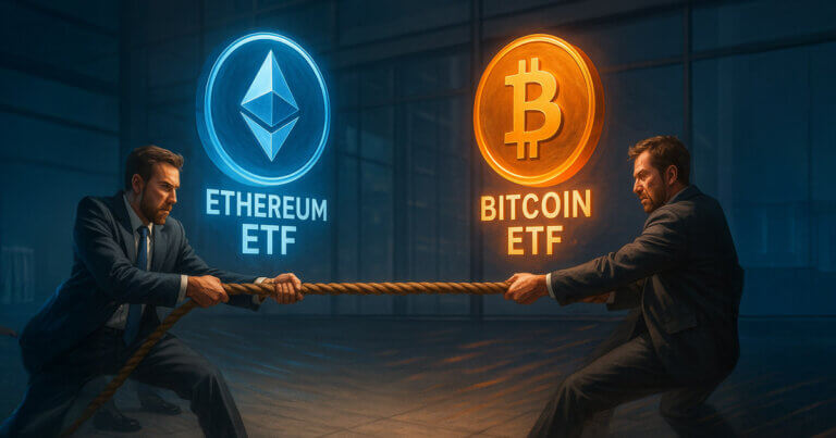 Two businessmen engage in a tug-of-war between Ethereum and Bitcoin ETFs, symbolizing market competition where Ethereum funds have recently outperformed - Cover art/illustration via CryptoSlate. Image includes combined content which may include AI-generated content