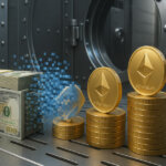 Stacks of US dollar bills are shown converting into Ethereum coins inside a vault, symbolizing the flow of capital into ETH investments - Cover art/illustration via CryptoSlate.