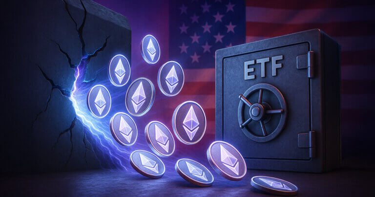 Ethereum coins flow toward an ETF vault against a U.S. flag backdrop - Cover art/illustration via CryptoSlate. Image includes combined content which may include AI-generated content