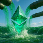 A large Ethereum symbol is shown rising from waves as green liquid flows from pipes, symbolizing institutional inflows into ETH ETFs during Q2 - Cover art/illustration via CryptoSlate. Image includes combined content which may include AI-generated content